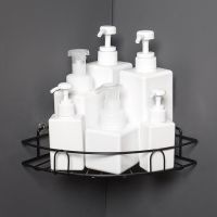 免打孔无痕卫生间浴室厨房置物架三角架厕所挂壁式吸盘家用收纳架|扇形角架（免打孔.）+5S钩 【简欧纯黑色】