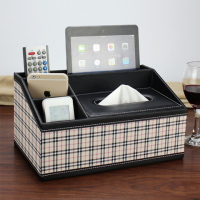 创意皮革多功能纸巾盒 欧式办公桌面遥控器收纳餐巾抽纸盒|格纹
