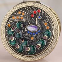 俄罗斯迷你随身双面化妆镜折叠便携小镜子复古可爱小号圆镜男女|孔雀青