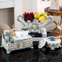 客厅奢华创意镶钻抽纸盒家用茶几套装摆件欧式现代纸巾盒三件套|浅蓝D套装镶钻送牙签盒+烫金垫