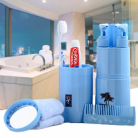 便携式旅行洗漱套装 洗漱杯牙刷牙膏分装瓶毛巾户外出差收纳套装|蓝色8件套(送小麦秸秆牙刷盒)