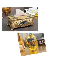 欧式纸巾盒创意亚克力树脂抽纸盒客厅卧室酒店宾馆ktv家用纸抽盒|升级纯金蓝花套装