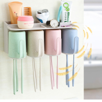 新款免打孔牙刷架挤牙膏器吸壁吸盘漱口杯挂壁洗漱套装牙膏收纳架|新款小麦4人不带挤牙膏器