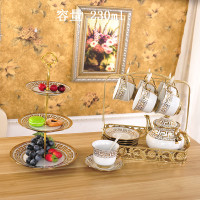 咖啡杯茶杯家用整套骨瓷套装欧式小奢华陶瓷杯碟茶具水杯子马克杯|吉祥1壶6杯碟勺+架+配套果盘送礼盒杯垫
