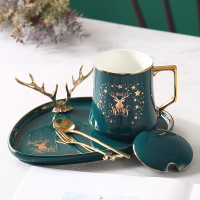 北欧陶瓷下午茶ins带欧式小奢华套装精致咖啡杯点心托盘杯子家用|金鹿角点心盘+马克杯绿色收藏宝贝送叉送勺