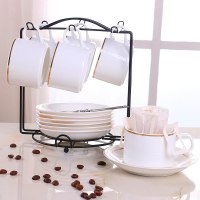 家用小奢华咖啡杯碟勺咖啡杯6件套啡忆欧式陶瓷杯套装简约咖啡杯|单金边(6杯6碟6勺1杯架)