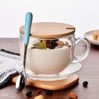 大容量燕麦杯早餐杯玻璃日式马克杯带盖勺牛奶杯麦片杯麦片碗杯I7