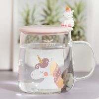 可爱独角兽玻璃杯 透明马克杯子带盖勺女ins家用宿舍水杯耐热茶杯S4