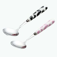 勺子不锈钢家用儿童餐具韩式可爱创意陶瓷长柄汤勺大号圆头吃饭勺N4|牛奶纹2只装[圆头]随机或备注