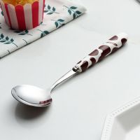 勺子不锈钢家用儿童餐具韩式可爱创意陶瓷长柄汤勺大号圆头吃饭勺N4|牛奶纹1只装[圆头]随机或备注