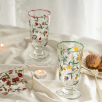 春天来啦!法式浪漫玫瑰花朵复古玻璃高脚杯郁金香玻璃杯红酒杯V9