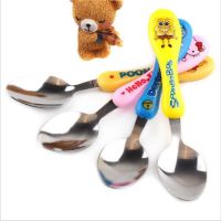 学生韩式卡通可爱勺叉小勺子家用儿童宝宝勺长柄勺不锈钢勺碗套装|[4支]椭圆尖勺主图4款图案 送青蛙王子牙膏一盒