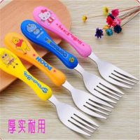学生韩式卡通可爱勺叉小勺子家用儿童宝宝勺长柄勺不锈钢勺碗套装|[尖4支]尖叉4支 送青蛙王子牙膏一盒