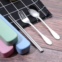 筷子盒勺子套装304不锈钢餐具三件套叉子韩式学生便携式旅行餐盒|筷子勺子叉子3件套(粉盒)