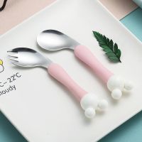 304不锈钢勺子宝宝婴儿弯头训练勺叉卡通小猪辅食勺儿童餐具套装qD1|[不送]米奇弯头叉勺[粉色]