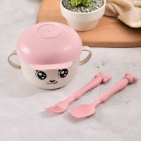 304不锈钢勺子宝宝婴儿弯头训练勺叉卡通小猪辅食勺儿童餐具套装qD1|帽子碗[送]小麦叉勺[粉色]