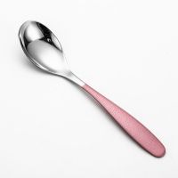 加厚不锈钢彩色成人吃饭勺子家用长柄汤匙套装儿童勺调羹韩式餐具H4|成人粉色(三支装)
