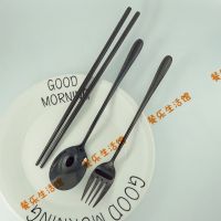 网红创意七彩不锈钢筷子勺子西餐刀叉套装学生便携式餐具带收纳盒|幻影黑 叉勺二件套(送便携盒)