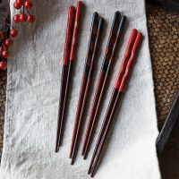 [5-10双]新款家用木筷子高档日式印花筷卡通财猫鸡翅木筷子防霉P5|日式古典红色雕刻筷 5双装(家用简装)