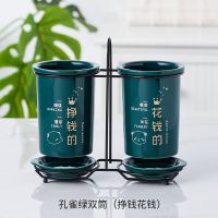 陶瓷筷子筒筷子架北欧风简约家用沥水筷子桶筷笼置物架收纳筷盒N9|孔雀绿挣钱花钱