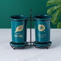 陶瓷筷子筒筷子架北欧风简约家用沥水筷子桶筷笼置物架收纳筷盒N9|孔雀绿金叶B