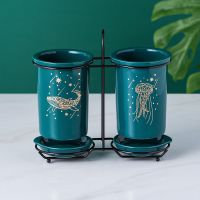 陶瓷筷子筒筷子架北欧风简约家用沥水筷子桶筷笼置物架收纳筷盒N9|孔雀绿海洋