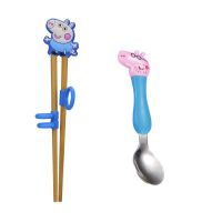 宝宝实木训练矫正学习筷子小男孩餐具套装儿童二段2-6岁吃饭叉勺S2|蓝猪筷+304大猪勺