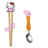 宝宝实木训练矫正学习筷子小男孩餐具套装儿童二段2-6岁吃饭叉勺S2|红猫筷+304大猪勺