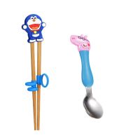 宝宝实木训练矫正学习筷子小男孩餐具套装儿童二段2-6岁吃饭叉勺S2|蓝猫筷+304大猪勺