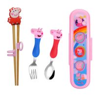 宝宝实木训练矫正学习筷子小男孩餐具套装儿童二段2-6岁吃饭叉勺S2|红猪筷+小猪叉勺+盒