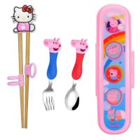 宝宝实木训练矫正学习筷子小男孩餐具套装儿童二段2-6岁吃饭叉勺S2|红猫筷+小猪叉勺+盒