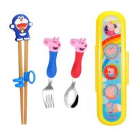 宝宝实木训练矫正学习筷子小男孩餐具套装儿童二段2-6岁吃饭叉勺S2|蓝猫筷+小猪叉勺+盒