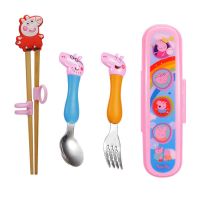 宝宝实木训练矫正学习筷子小男孩餐具套装儿童二段2-6岁吃饭叉勺S2|红猪筷+大猪叉勺+盒