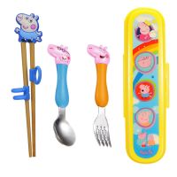 宝宝实木训练矫正学习筷子小男孩餐具套装儿童二段2-6岁吃饭叉勺S2|蓝猪筷+大猪叉勺+盒