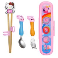 宝宝实木训练矫正学习筷子小男孩餐具套装儿童二段2-6岁吃饭叉勺S2|红猫筷+大猪叉勺+盒