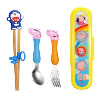 宝宝实木训练矫正学习筷子小男孩餐具套装儿童二段2-6岁吃饭叉勺S2|蓝猫筷+大猪叉勺+盒