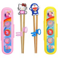 宝宝实木训练矫正学习筷子小男孩餐具套装儿童二段2-6岁吃饭叉勺S2|红猫筷+蓝猫筷+盒+盒