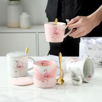 水杯陶瓷马克杯简约杯子女学生韩版可爱石纹情侣咖啡杯早餐杯盖勺H9