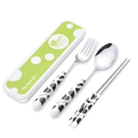 2件套不锈钢餐具筷子勺套装便携式餐具三件套儿童餐具套装T1|黑奶牛[筷+勺+叉+盒] 默认