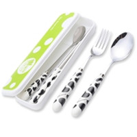 2件套不锈钢餐具筷子勺套装便携式餐具三件套儿童餐具套装T1|黑奶牛[筷勺叉+盒]+冰勺 默认