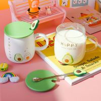 创意牛油果玻璃杯透明带盖勺子家用大容量早餐牛奶杯陶瓷马克杯子