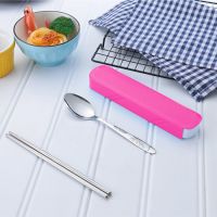 [买一套送一套]便携式餐具三件学生餐具套装不锈钢筷子勺子套装B6|糖果粉() [304加厚款4件套]筷勺盒袋