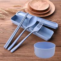 便携餐具盒成人大号便携式餐具空盒子外出学生装勺子收纳盒筷子盒D3|[五件套]勺叉筷碗盒北欧蓝色