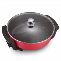 电热锅电火锅涮烤锅鸳鸯电热锅不粘锅无油烟火锅R1|圆形鸳鸯锅红色