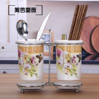 免打孔壁挂陶瓷筷子筒挂式筷筒沥水筷子笼防霉筷子盒餐具收纳盒|篱笆蔷薇款 陶瓷筷子筒[加粗金属架]