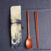 日韩式便携实木筷子叉勺成人儿童布袋套装便携环保餐具创意礼品|红檀木筷子+长柄勺 B款