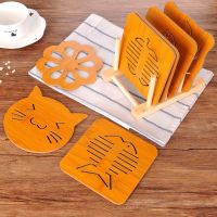 家用大号木质桌面隔热垫餐桌垫卡通防烫防滑杯垫碗垫盘垫砂锅垫子|6片锅垫+架子 小猫