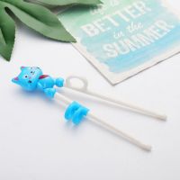 卡通儿童筷子训练筷练习筷学习筷辅助学习吃饭防摔宝宝叉勺筷套装|蓝色开心猫(男宝款) 组合三件套(带精美礼品盒)