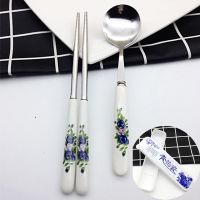 家用青花瓷陶瓷柄不锈钢叉勺筷子套装饭勺调羹叉子搅拌勺咖啡勺|青花瓷筷子+圆勺2件套 配青花瓷收纳盒