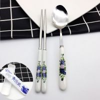 家用青花瓷陶瓷柄不锈钢叉勺筷子套装饭勺调羹叉子搅拌勺咖啡勺|青花瓷筷子+尖勺2件套 配青花瓷收纳盒